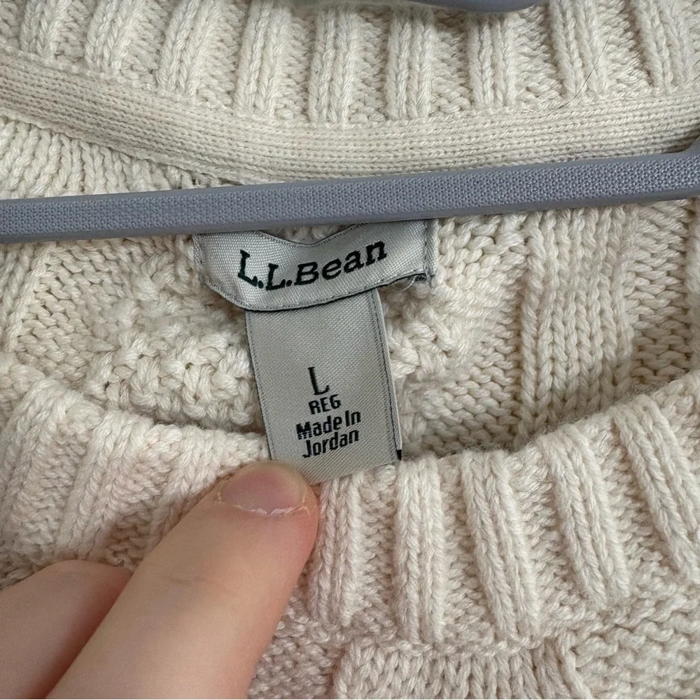 L.L Bean Cream Cable Knit Sweater Women’s Size L 100% Organic Cotton Fisherman - Picture 2 of 8